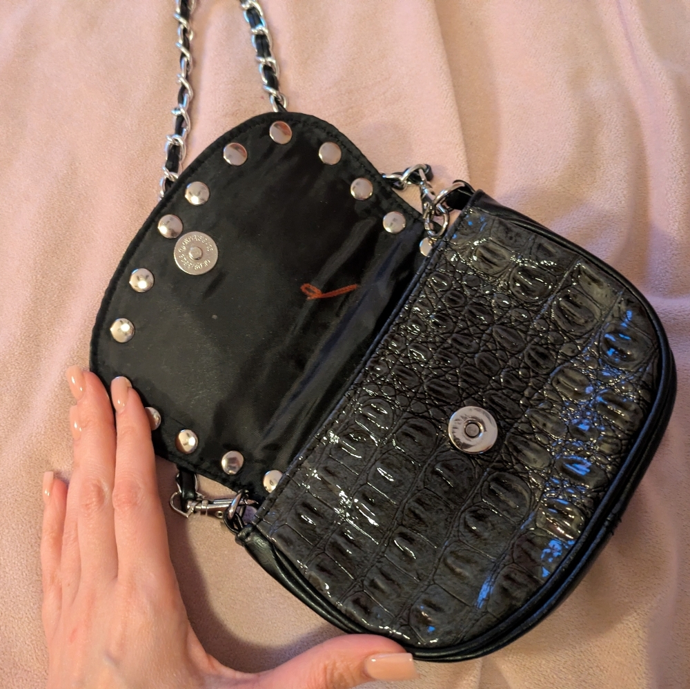 Black Studded Faux Crocodile Embossed Mini Crossbody Bag – Y2K / Edgy - Picture 5 of 7